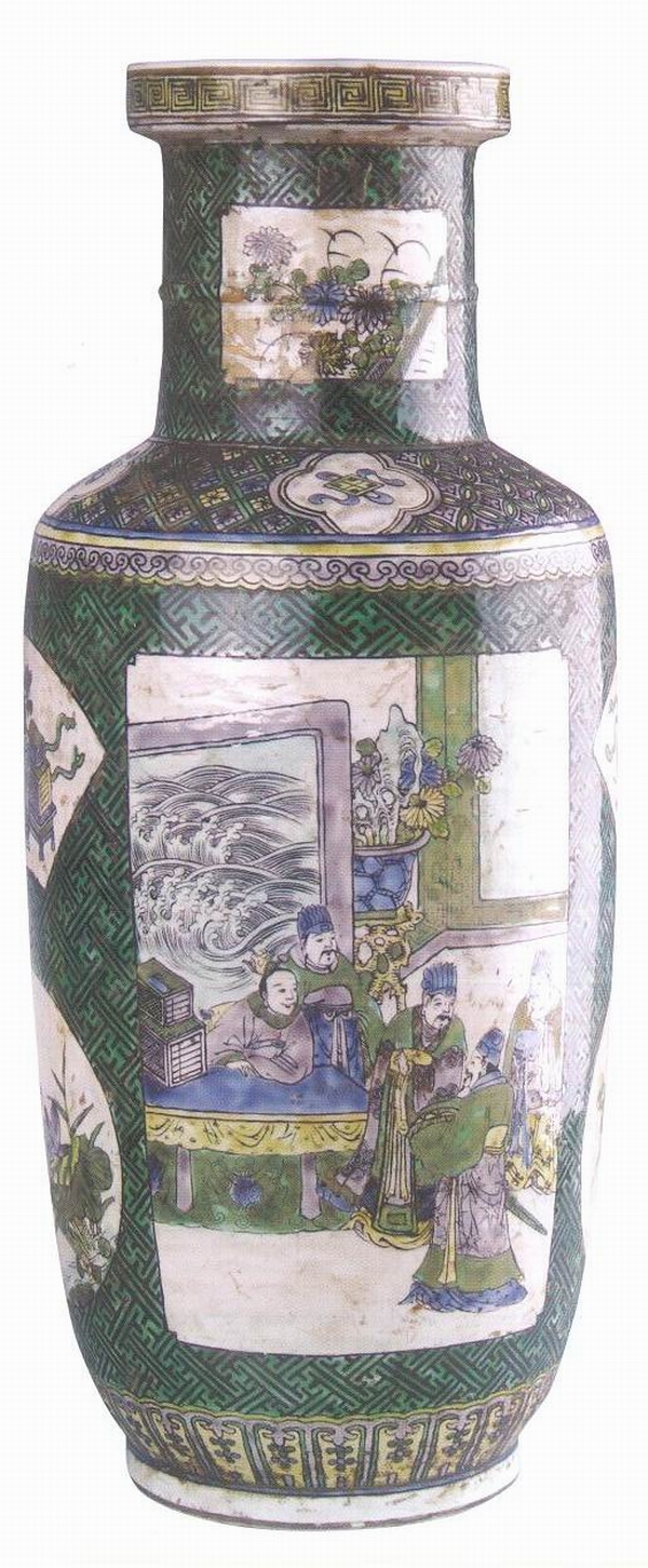 素三彩开光人物棒槌瓶 素三彩开光人物棒槌瓶